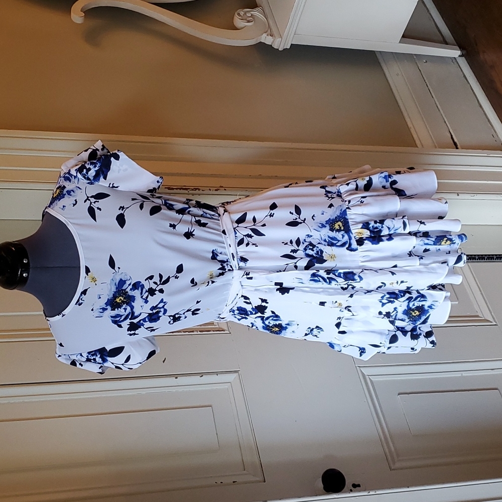 White and blue floral fit and flair dress